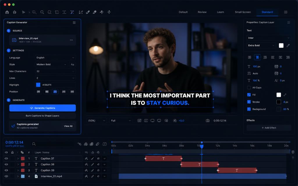 GhostAE Caption panel inside After Effects